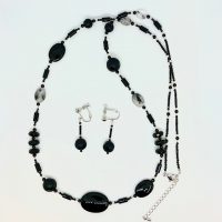 ブラックカルセドニーデザインロングネックレス＆イヤリング/ピアス 
